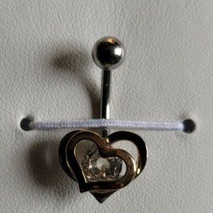 Gold & Steel TwoTone Double Heart CZ 316L Surgical Steel Belly Button Ring Clear